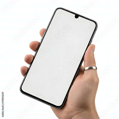 Hand holding smart mobile smartphone technology device with blank screen display for business communication