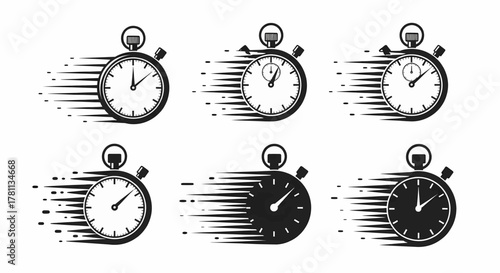 A set of black and white stopwatch icons with speed motion effects for fast timer concepts, vector illustration