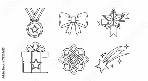 A decorative set of celebration and award icons, including a medal, bow, gift box, and stars, line art vector illustration