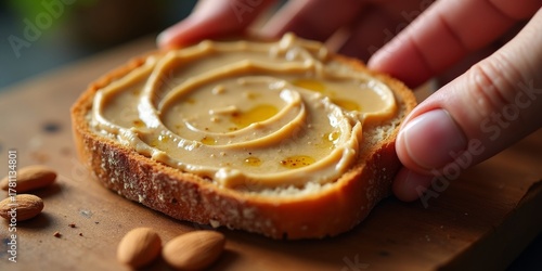 Hand spreading creamy almond butter on fresh artisanal bread toast. Healthy vegan breakfast or snack with natural nut pieces. Close-up with mouth-watering texture.
