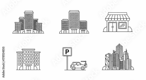 Set of urban architecture line icons featuring buildings, storefronts, and city elements vector illustration