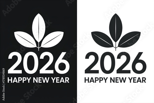 Happy new year 2026 with leaves isolated on white background