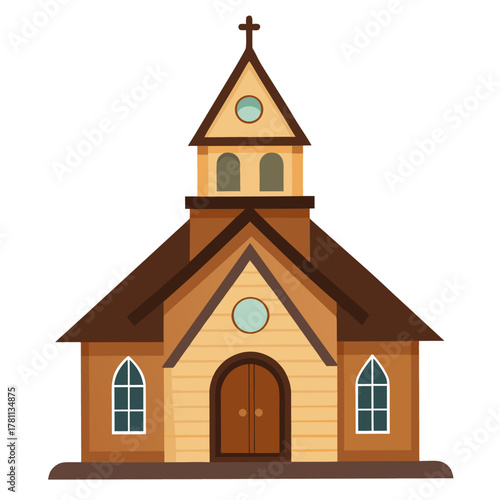 Wooden church building. Isolated vector illustration on white background