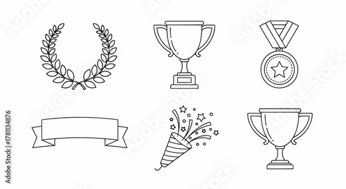 A set of minimalist line art icons for awards, victory, and celebration concepts, vector illustration