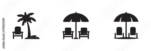 Beach chair and umbrella vector silhouette logo, tropical beach sunset scene palm trees , vector illumination EPS 10.