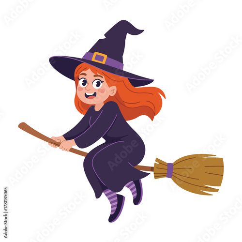 Cute cartoon witch flying on a broomstick for halloween