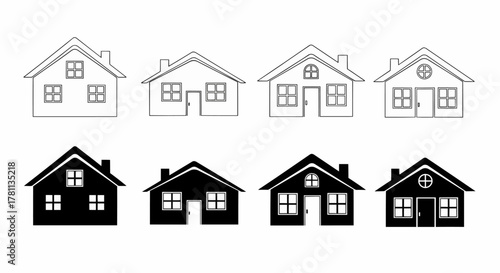 Set of house icons in outline and silhouette styles, simple residential building vector illustration for real estate