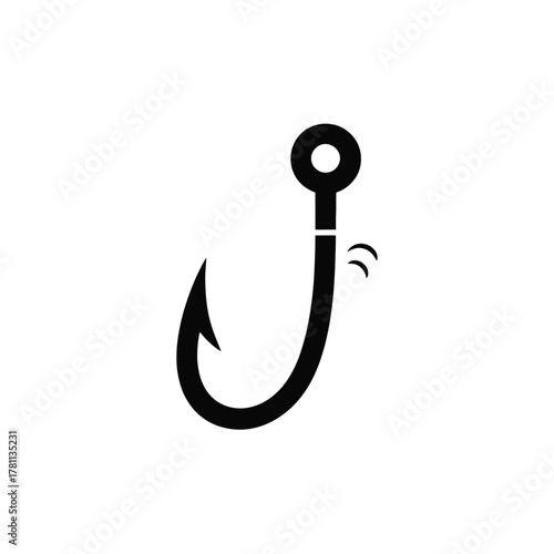 Simple black silhouette of a fishing hook on a white background