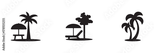 Beach chair and umbrella vector silhouette logo, tropical beach sunset scene palm trees , vector illumination EPS 10.