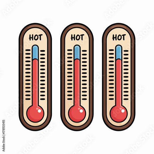 Three cartoon thermometers showing the word hot and high temperature