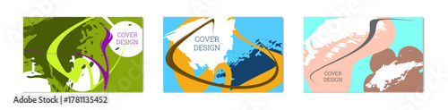 Paint strokes and geometric elements. Set of 3 multi-colored backgrounds. Notebook or notebook cover design. 