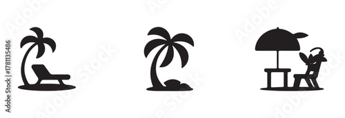 Beach chair and umbrella vector silhouette logo, tropical beach sunset scene palm trees , vector illumination EPS 10.