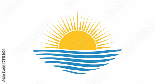Simple graphic of a sun rising over the sea, an abstract and modern summer travel logo vector illustration