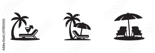 Relaxing coastal beach chair and umbrella icon, beach chair with umbrella style, vector illustration EPS 10.