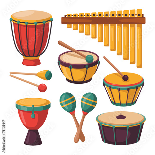 Collection of colorful percussion musical instruments in a playful illustration
