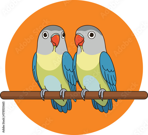 Colorful cartoon lovebirds sitting on branch, cute parrot couple illustration, tropical wildlife vector art with orange circle background
