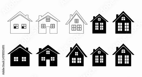 A diverse set of house icons in outline and silhouette styles. A simple vector illustration for real estate