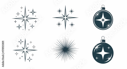 A vector illustration set of sparkling stars, glitter effects, and Christmas ball ornament icons design