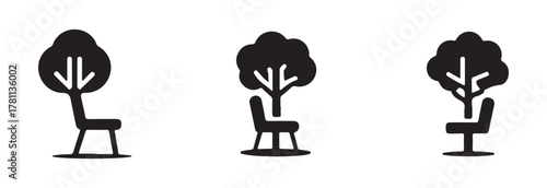 Beach chair and umbrella vector silhouette logo, tropical beach sunset scene palm trees , vector illumination EPS 10.