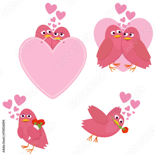 Set of cartoon illustrations of pink birds showing love: two paired up, one with a heart sign, and one holding a rose. Concept for Valentine's Day. (cut out)