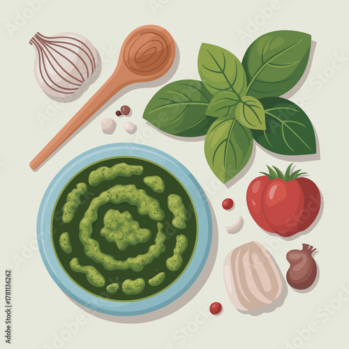 Fresh pesto ingredients and finished sauce in a bowl