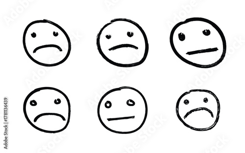 Six hand drawn cartoon faces showing various sadness and neutral emotions