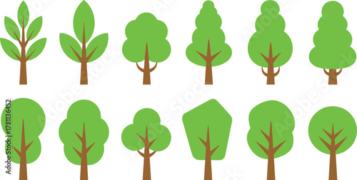 Cartoon green trees collection, flat vector forest illustration set, eco friendly landscape design, nature foliage background, environment concept art