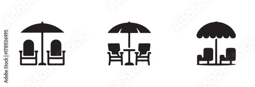 Beach umbrella and chair icon set,  summer vacation relax holiday design element, vector illustration EPS 10.