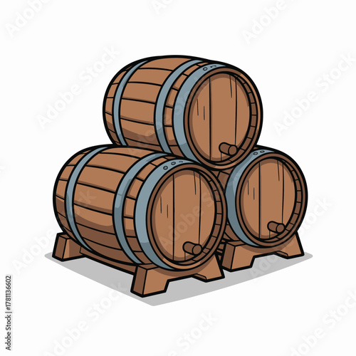 Stack of three wooden barrels with metal hoops on stands