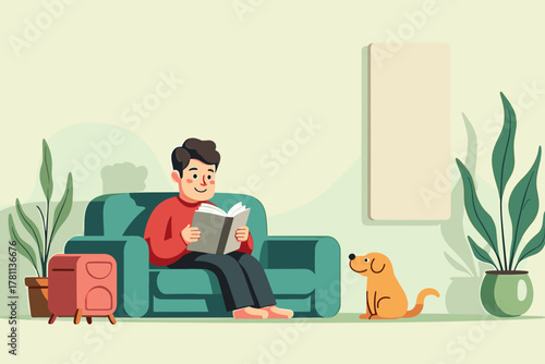 Father reading a book on the couch with a dog in a cozy living room
