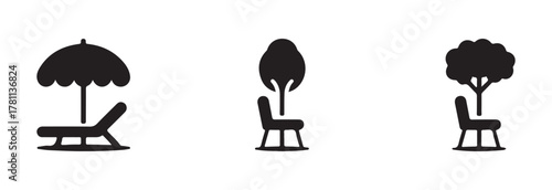 Beach umbrella and chair icon set,  summer vacation relax holiday design element, vector illustration EPS 10.