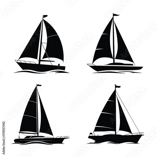 Four black silhouette sailboats on white background
