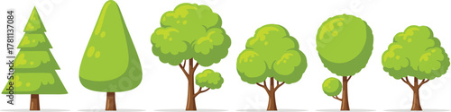 Cartoon green trees collection, flat vector illustration of forest plants, eco friendly landscape design elements, natural environment foliage art background