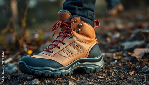 New hiking boots, rugged sole, durable leather,  footwear,   apparel