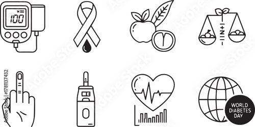 Vector Line Art Set: Diabetes Awareness, Health & Wellness