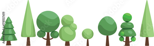 Cartoon green trees collection illustration, flat vector forest design, eco friendly nature background, simple summer foliage art landscape concept