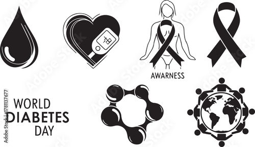 World Diabetes Day vector icons set - diabetes awareness and prevention symbols