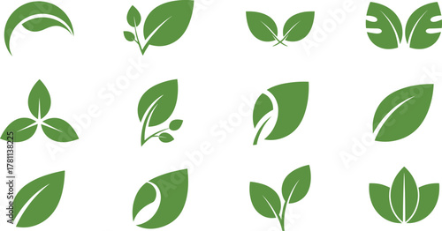 Green leaf logo collection, flat vector illustration of eco-friendly plant symbols, organic natural design elements for branding and decoration