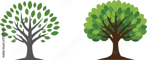 Two green trees with branches and leaves, natural forest growth illustration, eco friendly environment concept, vector nature design art