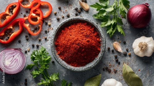 Fototapeta Naklejka Na Ścianę i Meble -  A variety of spices and vegetables arranged on a textured surface. Includes red bell pepper, garlic, onion, bay leaves, and a bowl of red spice powder.