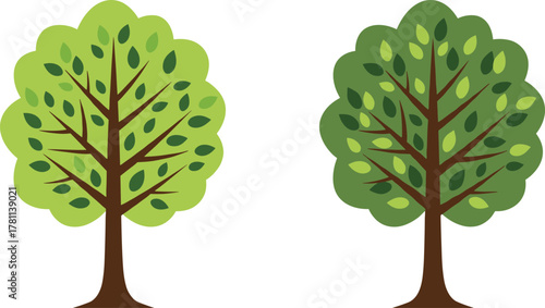 Flat vector illustration of two green trees with layered leaves, natural forest landscape, eco environment and sustainable nature design