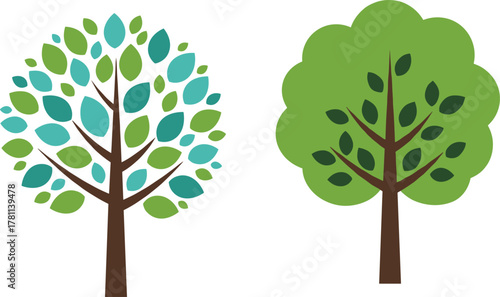 Colorful flat vector illustration of two trees with green and blue leaves, eco nature design, forest environment, sustainability concept art