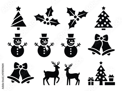 A collection of festive Christmas icons including trees, snowmen, bells, holly, reindeer, and gifts.