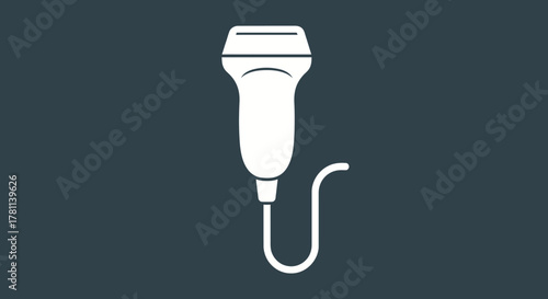 Ultrasound transducer illustration in white against a dark gray background.