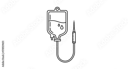Simple line drawing illustrates an intravenous drip bag with connected needle.