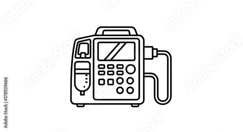Line art illustration of an infusion pump with a drip chamber and a control panel.