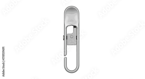 Close-up of a chrome metal clip with a spring mechanism on a white background.