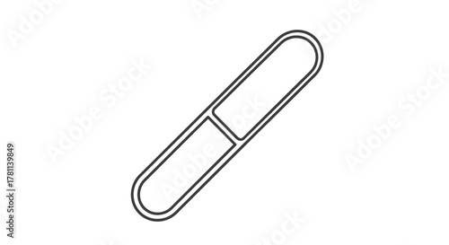 A simple line drawing of a capsule-shaped pill, angled on a white background.