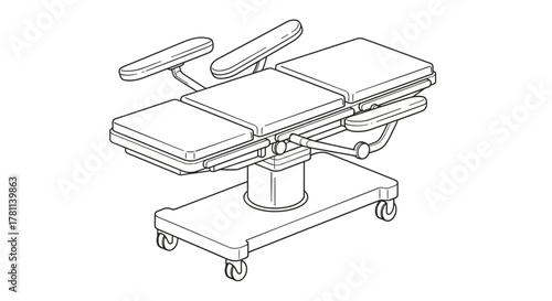 Detailed line drawing of a medical operating table with armrests, ready for use.