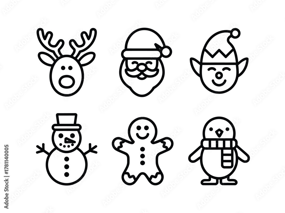 Fototapeta premium A collection of festive Christmas icons including a reindeer, Santa Claus, an elf, a snowman, a gingerbread man, and a penguin.